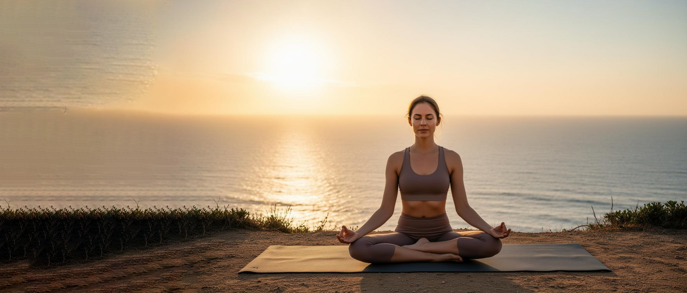 Woman meditating on cliff overlooking ocean at sunset